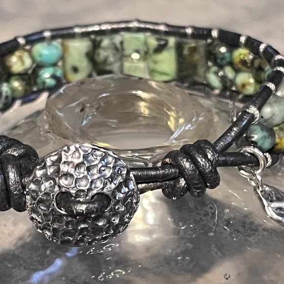 Natural Turquoise Leather Wrap Bracelet Sterling Tiny Heart Charm- Adjustable - Picture 2 of 8
